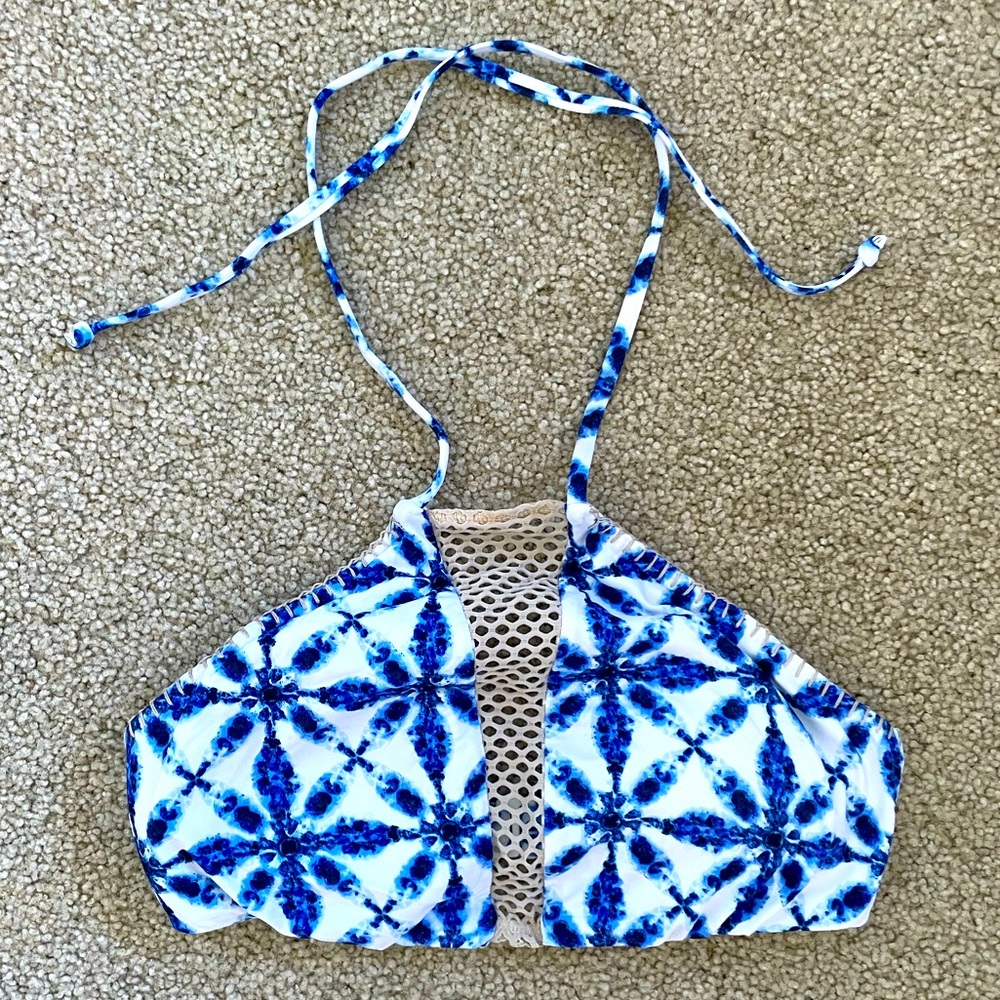 The Bikini Lab Blue & White Tie Dye Crochet Halter Bikini Top Boho S
